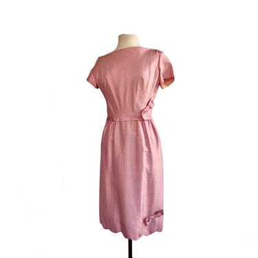 Vintage 60s Priscilla of Boston pink sheath Dupioni silk dress with bows 