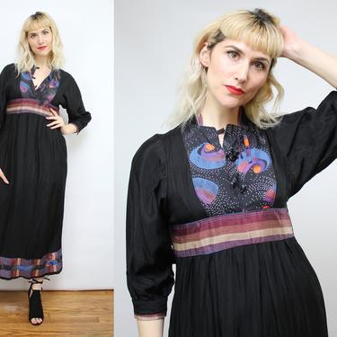 Vintage 70's Black Patchwork Celestial Patterned Maxi Dress / 1970's Space Dress / Women's Size XS - Small by Ru