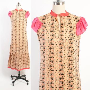 Vintage 20s Cotton DRESS / 1920s Geometric Print Cotton Day Dress with Hot Pink Ruffles XS 