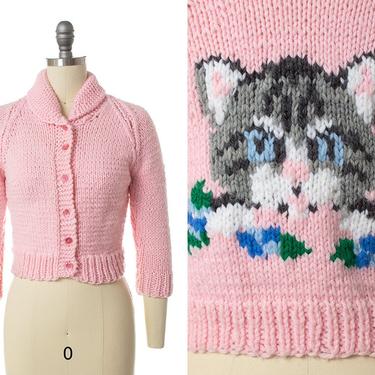 Vintage 1950s Cardigan | 50s Cat Novelty Print Pink Knit Wool Cropped Cowichan Sweater (x-small/small) 