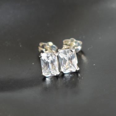 Dainty 80's sterling CZ diamond classic bling studs, elegant 925 silver clear rectangular cubic zirconia post earrings 