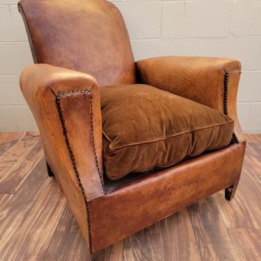 Art Deco French Distressed Brown Club Chair with Nailheads
