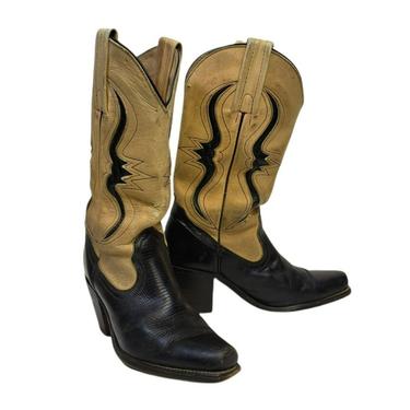 Vintage 1970s FRYE Womens Cowboy Boots, Leather & Lizard Black Tan Western Cowgirl Riding Boots, Rodeo, Country, Vintage Clothing 