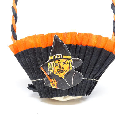 Vintage 1950's Witch Head Halloween Party Basket, Orange and Black Crepe Paper Candy Container Retro Decor 