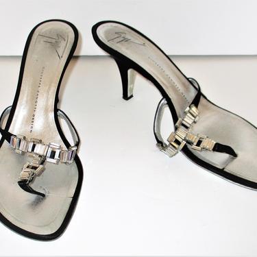 Vintage Giuseppe Zanotti Evening Sandals, Size 40 Women, black peau de soie, crystals 
