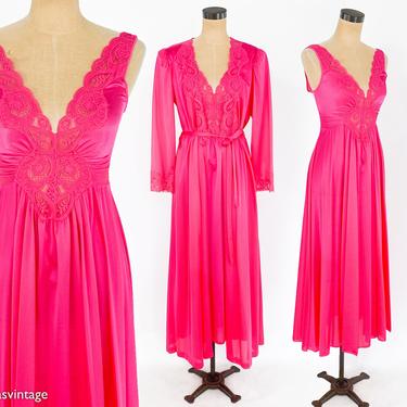 1970s Magenta Olga Peignoir Set | 70s Pink Lingerie Set Boudoir Set | Olga Lingerie | Small 