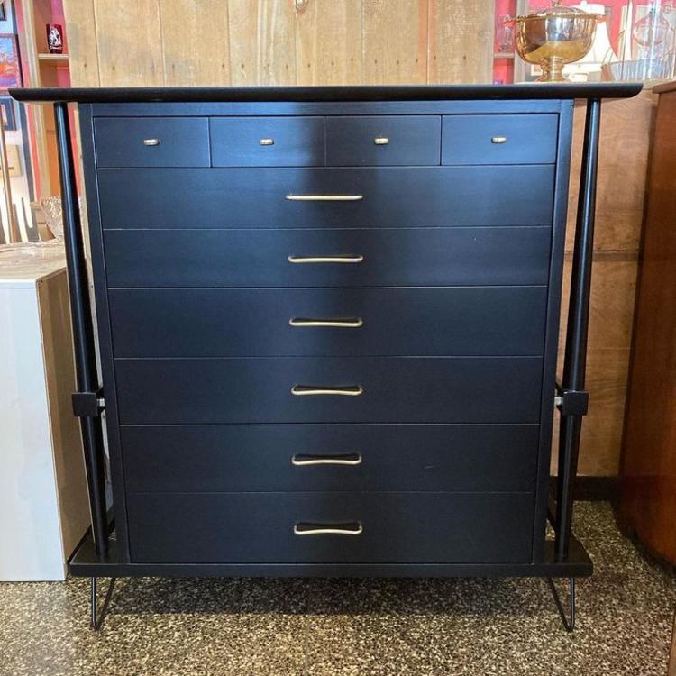 Black painted mid century chest of drawers. 8 drawers.  45” x 21.5” x 45.75”