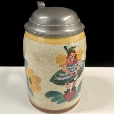 Antique Rare Villeroy and Boch Schramberg Painted Beer Stein with Pewter Lid Free Shipping 