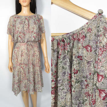 Vintage 70s Floral Semi Sheer Lightweight Dolman Sleeve Pleat Skirt Dress Size S 