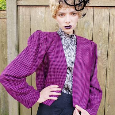 1980s Purple Wool Cropped Blazer / 80s Big Shoulders Blazer in Ultraviolet Black Houndstooth Pattern Puffed Sleeves / Med / Alba 