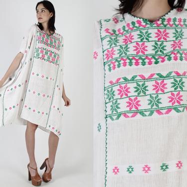 Thin White Mexican Caftan Dress / 70s Ethnic Embroidered Aztec Print Dress / Woven Sheer Oversize Resort Wear Sun Beach Mini Midi Dress 