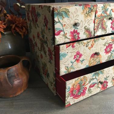 French Fabric Sewing Box, Floral Linen, Boite a Coudre, Large, Boudoir, Jewelry, Craft Storage Chest, Timeworn Historical Textiles 
