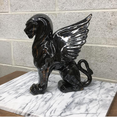 Vintage Lion Statue Retro 1990s Ceramic + Griffin + Pegasus + Winged Lion + Marble Glaze Finish + Large Size + Animal Figurine + Home Decor 