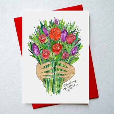 Thinking of you/Condolences/Flower bouquet: Watercolor Illustrated Greeting Card/Stationery + Envelope