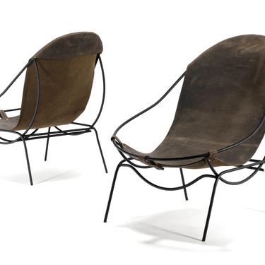 A Set of Two (2) Sling Chairs in Wrought Iron and Leather Attributed to Tony Paul 