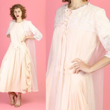 60s Sheer Pink Peignoir Robe - Large | Vintage Lace Trim Lingerie Negligee Dressing Gown 