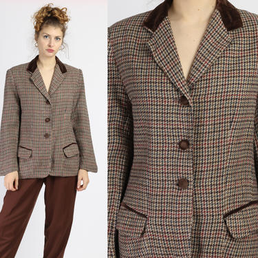80s Houndstooth Tweed Sport Coat - Large | Vintage Women's Brown Button Up Blazer Jacket 