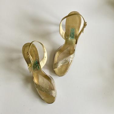 Gold Rhinestone Shoes | Vintage Amano clear plastic rhinestone peep toe sandal | 1980s gold lame high heel shoes 