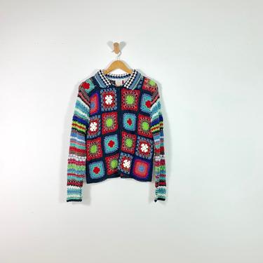 Vintage Multicolored  Granny Square Crochet Zip up Cardigan Sweater, Fiorlini, Size Small 