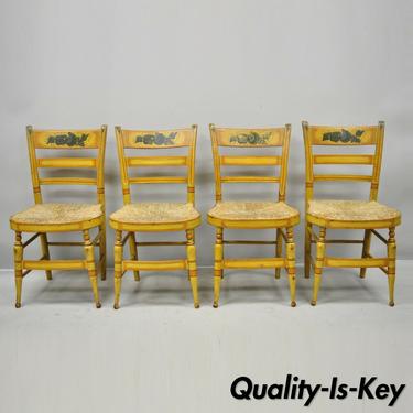 4 Early 19th C Bentwood Slat Back Rush Seat Yellow Paint Stenciled Dining Chairs