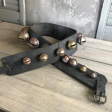 Antique Rustic Sleigh Bells, 18 Decorated Brass Bells, Leather Strap, Country Farmhouse, Primitive Holiday Decor 