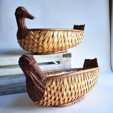 Pair of Lined Duck Baskets | Lined for Floral Centerpiece | Wicker Rattan Woven Figural Basket 