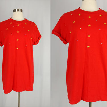 Vintage Nineties T-Shirt - 1990s Red Embroidered Rhinestone Red T-shirt - 90s Medium Embellished Forth of July Shirt 