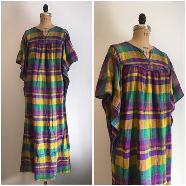 Vintage 1980s Rainbow Plaid Kaftan Gauze Dress 80s Cotton Caftan 