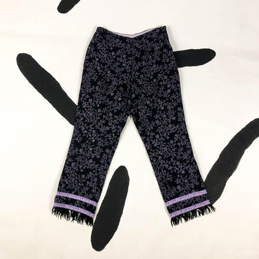 90s Betsey Johnson Black and Purple Floral Embroidered Capri Pants / Metallic Sequin Trim / Ribbon Trim / y2k / Medium / Sheer / Overlay / M 