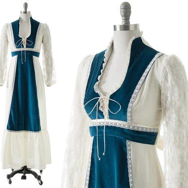 Vintage 1970s Prairie Dress | 70s Gunne Sax Style Lace Up Blue Velvet Cream Cotton Ren Faire Maxi Dress (small) 