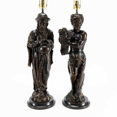 Antique Lamps, Carved Figural, Pair, Continental, Wood Sculpture, Shades,1800's!