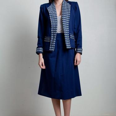 2-piece jacket skirt set suit navy blue textured white pockets a-line below the knee MEDIUM M 