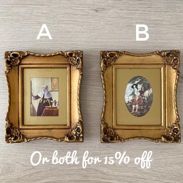 Small Vintage Baroque Prints, Gold Framed  | British King Charles 1st by Anthony Van Dyck and Young Woman with Water Jug by Jan Vermeer 