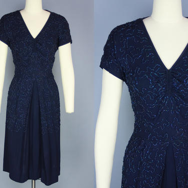1940s BEADED Dress | Vintage 40s Dark Blue Rayon Crepe Dress with Soutache-like Beading | small / medium 
