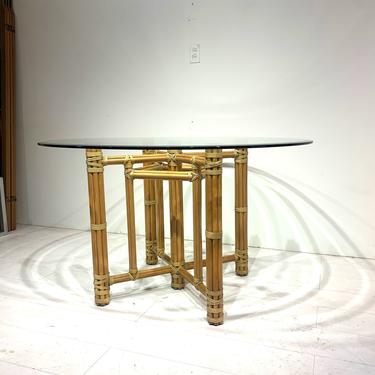 McGuire of San Francisco Round Dining Table Bamboo Rattan with Glass Top - Vintage 1970s 
