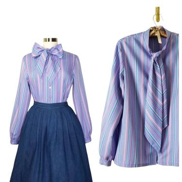 Vintage Pussy Bow Blouse, Medium / Pastel Purple Button Blouse / Retro 70s Secretary Blouse / Bow Collar Shirt / Long Sleeve Dress Blouse 