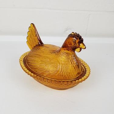 Autumn Indiana Amber Glass Hen on Nest w/ Beaded Dish