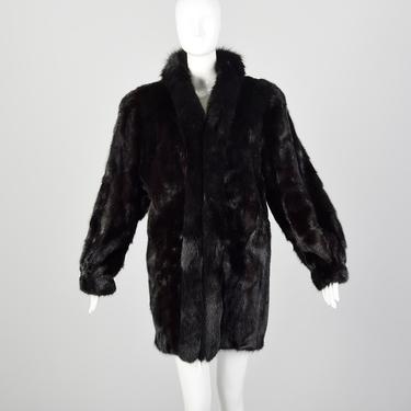 Large Black Coat Black Mink Fur Fox Fur Collar 1980s Loose Fitting Clutch Coat 