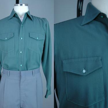 1940s 'White Stag' Long Sleeve Shirt | Vintage 40s Deep Green Gabardine Shirt | small 
