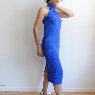 Vintage 80s Cobalt Blue Suede Dress with Keyhole Back/ 1980s Turtleneck Sleeveless Slinky Lamb Suede Leather Dress/Small 