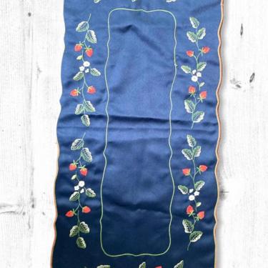 Vintage Embroidered Red Strawberry Blue Satin Table Spring Style Runner, Antique Berry Embroidered Farmhouse Style Satin Runner by LeChalet