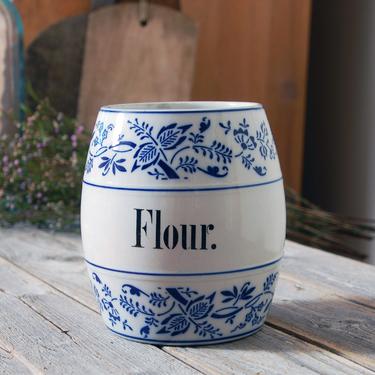 Antique Blue Onion flour canister / GMT &amp; Bro. German flour canister /  barrel canister / rustic farm decor / cottage kitchen / floral jar 