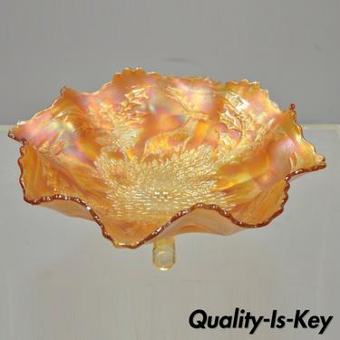 Ruffled Edge Fenton Stag &amp; Holly Carnival Glass Footed Marigold Bowl 11" (B)