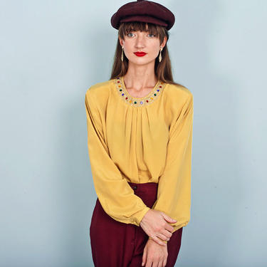 80s Yellow Sunflower Jewel Blouse Vintage Rhinestone Formal Jeweled Top 