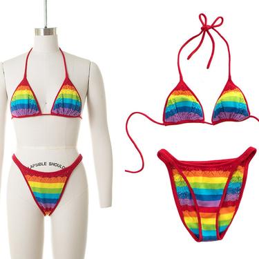 Vintage 1980s Bikini | 80s Rainbow Striped Crochet Knit Triangle Halter High French Cut Two Piece Swimsuit (small) 