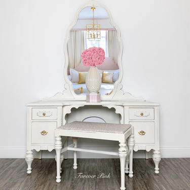 White Antique Vanity with Mirror and Bench 