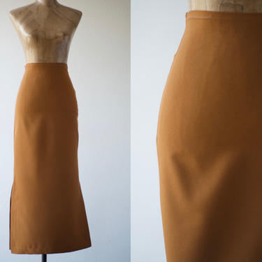 70s Vintage TAWNY BROWN MAXI High Waist Wiggle Skirt, Stretchy Polyester Pencil Skirt Side Slits Fitted Long Skirt Mod Retro Hippie Sexy 