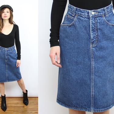 Vintage 90's Calvin Klein Blue Denim A-Line Skirt / 1990's CK Jean Skirt / Pockets / Knee Length / Women's Size Small / 25-26&amp;quot; Waist by Ru