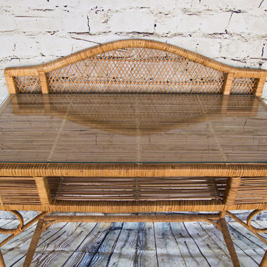 SHIPPING NOT FREE!!! Vintage Wicker Vanity with Glass top/ Vintage  Desk 