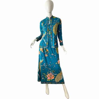 70s Maurice Peacock Dress / Vintage Novelty Print Dress / 1970s Psychedelic Lotus Flower Dress Set 